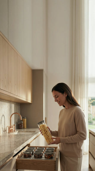 Eine lächelnde Frau hält ein großes 1,7L HATTY HAYS Vorratsglas aus Borosilikatglas über einer perfekt organisierten Küchenschublade in einer hellen Designerküche.