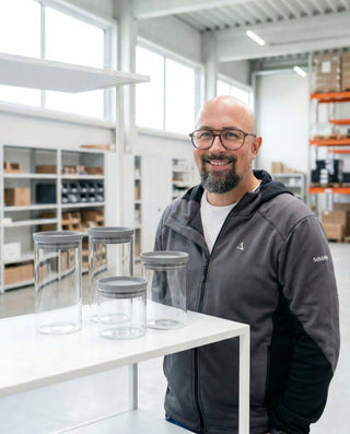 Ein lächelnder Mitarbeiter von HATTY HAYS hinter einem Regal mit leeren Vorratsgläsern in einer professionellen Lagerhalle; zeigt die logistische Qualität der Marke.