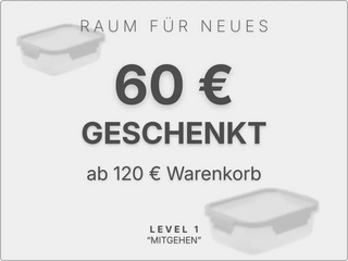 Informationsgrafik zur HATTY HAYS Rabattaktion Level 1 mit dem Slogan Raum für Neues: 60 Euro geschenkt ab einem Warenkorb von 120 Euro.