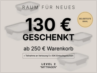 Informationsgrafik zur beliebtesten Wahl Level 2 Mittragen: 130 Euro geschenkt ab 250 Euro Warenkorb inklusive Teilnahme an einer Gutschein-Verlosung.