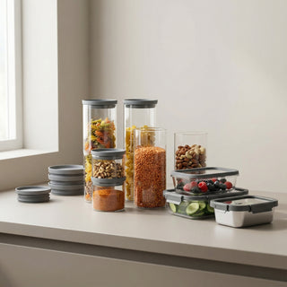 Stapelbare Vorratsgläser und Glasboxen von HATTY HAYS für Vorratsschrank und Kühlschrank.