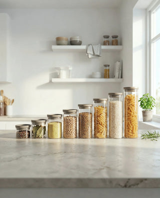 Acht unterschiedlich hohe HATTY HAYS Vorratsgläser in einer hellen minimalistischen Küche aufgereiht; gefüllt mit Pasta, Linsen und Gewürzen zur Inspiration für Küchenordnung in 4:5.