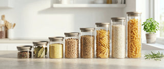 Acht unterschiedlich hohe HATTY HAYS Vorratsgläser in einer hellen minimalistischen Küche aufgereiht; gefüllt mit Pasta, Linsen und Gewürzen zur Inspiration für Küchenordnung in 21:9.