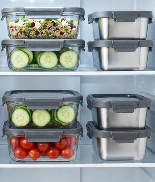 Luftdichte Vorratsboxen für moderne Kühlschrank-Organisation und langanhaltende Frische von Lebensmitteln.